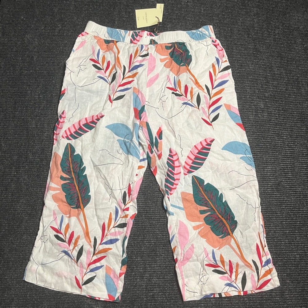 Cynthia Rowley Linen Pants Womens 2X White Tropical Leaf Print Wide Leg Elastic